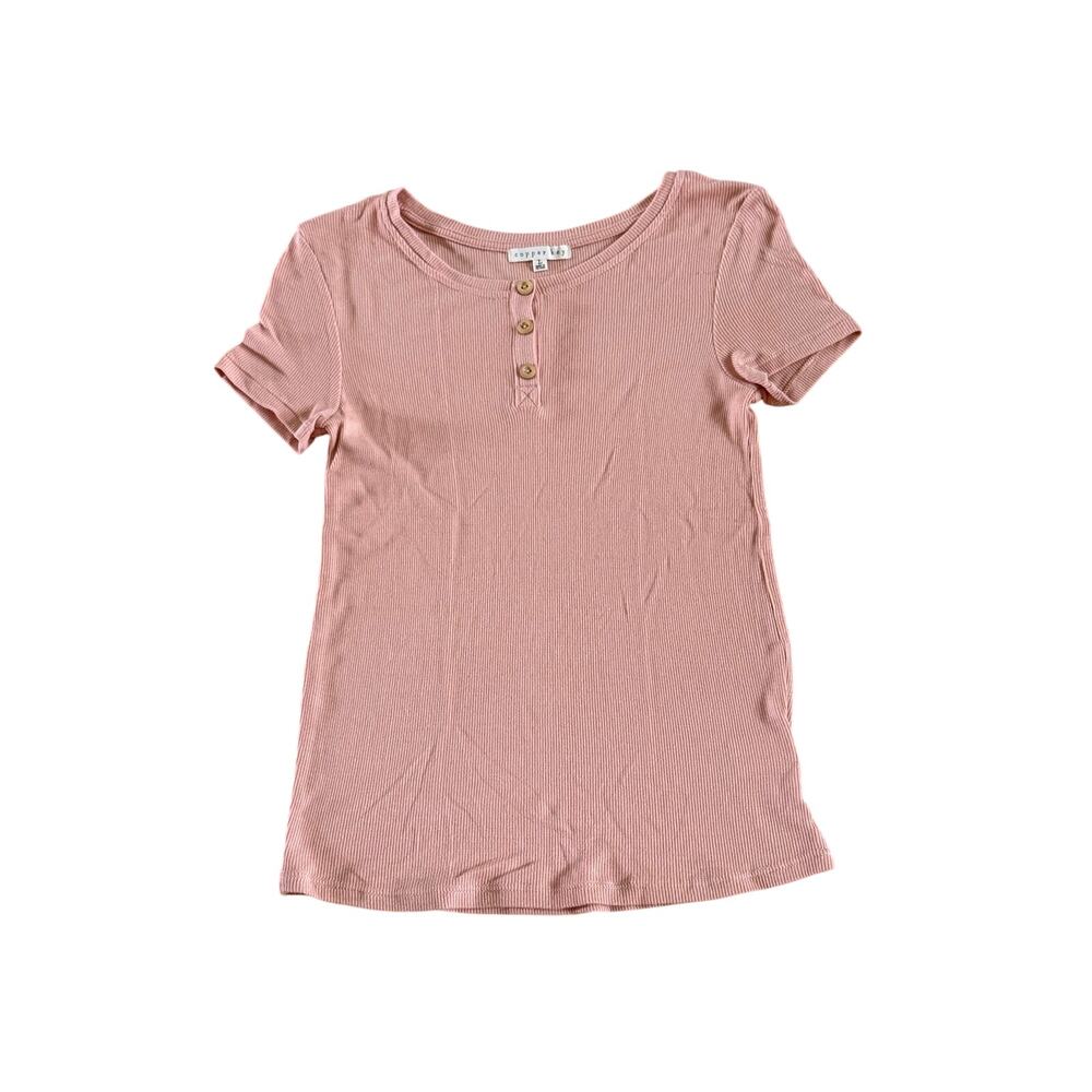 Girls L Copper Key Pink Ribbed Stretch 3 Button Short Sleeve Top Blouse